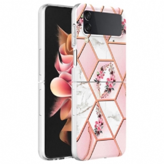 Capa Para Samsung Galaxy Z Flip 4 De Couro Mármore Floral