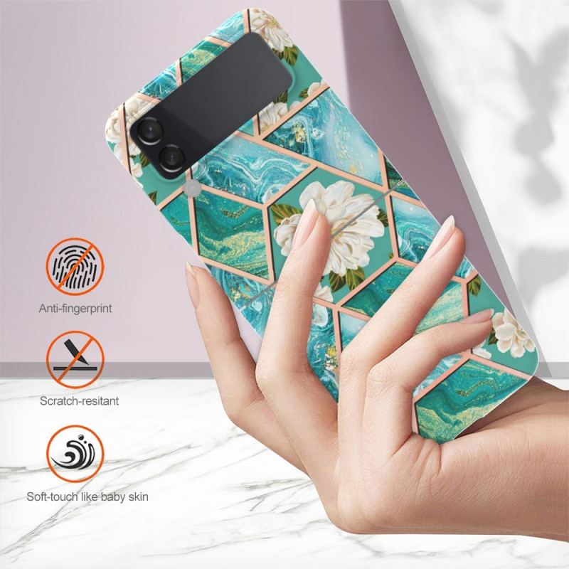 Capa Para Samsung Galaxy Z Flip 4 De Couro Mármore Floral