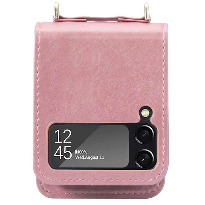 Capa Para Samsung Galaxy Z Flip 4 De Couro Porta-cartões Estilo Couro E Cordão