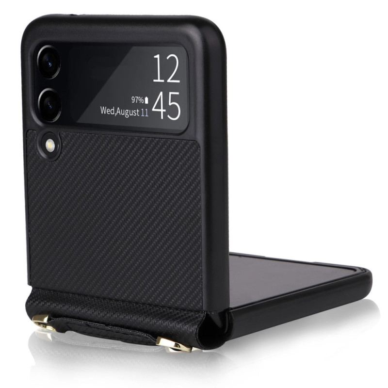 Capa Para Samsung Galaxy Z Flip 4 De Couro Textura De Fibra De Carbono Efeito Couro Com Alça