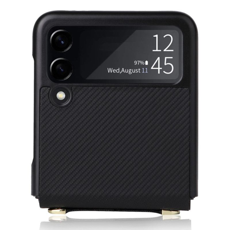 Capa Para Samsung Galaxy Z Flip 4 De Couro Textura De Fibra De Carbono Efeito Couro Com Alça