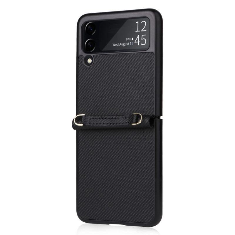 Capa Para Samsung Galaxy Z Flip 4 De Couro Textura De Fibra De Carbono Efeito Couro Com Alça