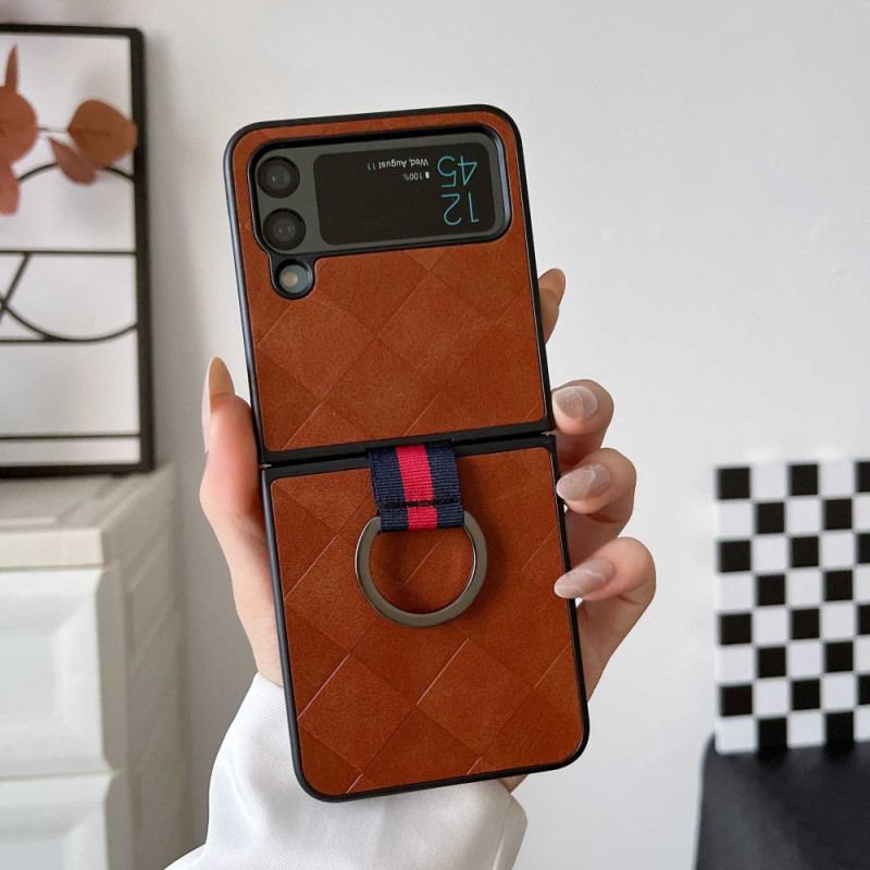 Capa Para Samsung Galaxy Z Flip 4 De Couro Trançado Com Anel