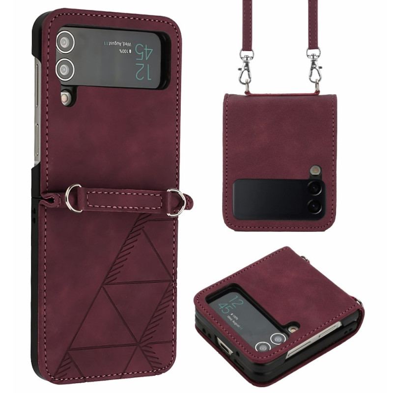 Capa Para Samsung Galaxy Z Flip 4 De Couro Triângulos Com Alça De Ombro