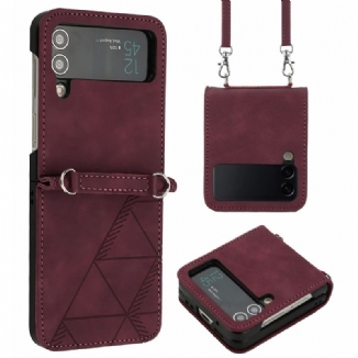 Capa Para Samsung Galaxy Z Flip 4 De Couro Triângulos Com Alça De Ombro