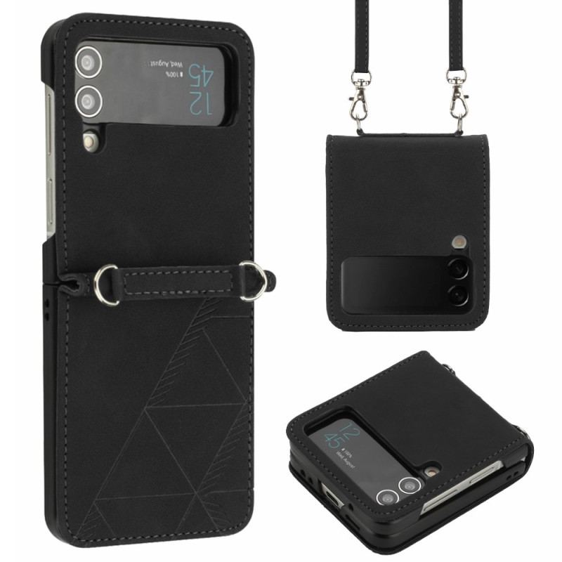 Capa Para Samsung Galaxy Z Flip 4 De Couro Triângulos Com Alça De Ombro