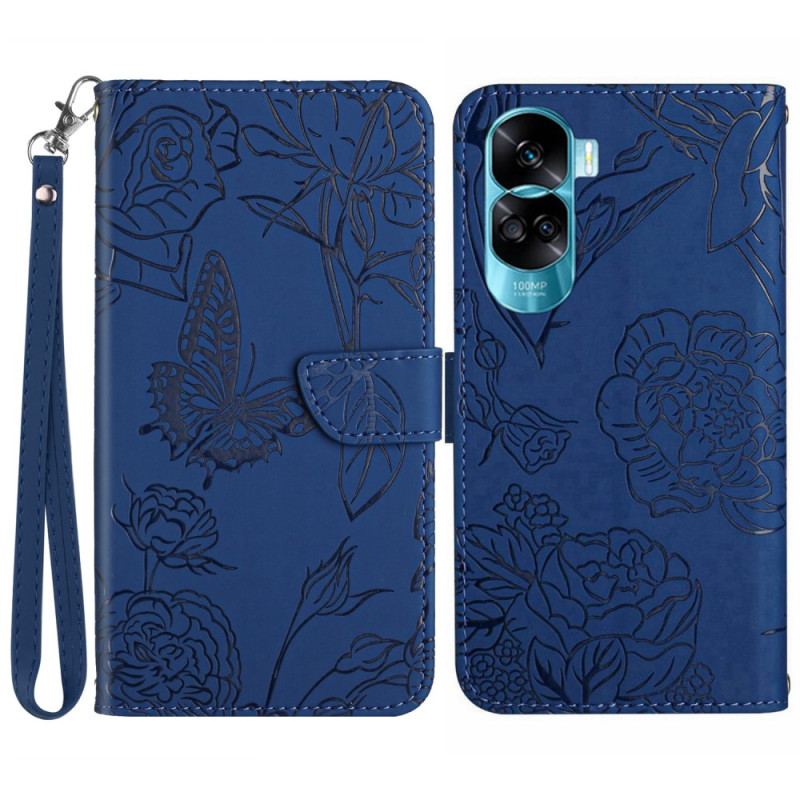 Capa Flip Para Honor 90 Lite De Cordão Borboletas De Cordão