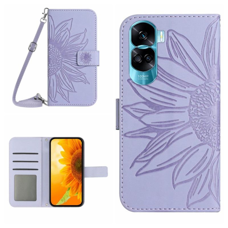 Capa Flip Para Honor 90 Lite Girassol Com Alça De Ombro