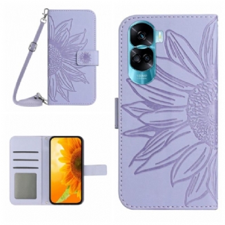 Capa Flip Para Honor 90 Lite Girassol Com Alça De Ombro