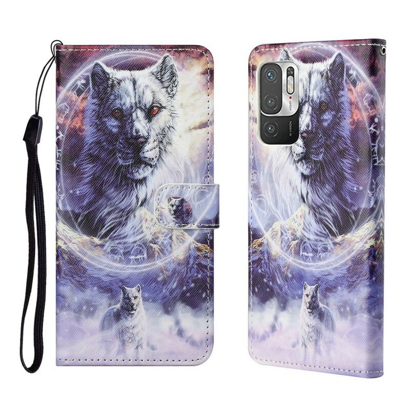 Capa De Couro Para Xiaomi Redmi Note 10 5G Lobo Com Cordão