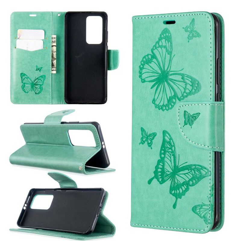 Capa Em Pele Para Huawei P40 Pro Flip Borboletas E Aba Oblíqua