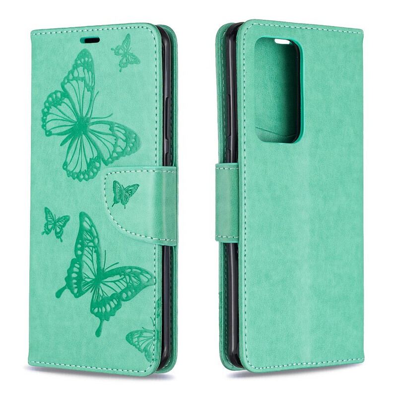 Capa Em Pele Para Huawei P40 Pro Flip Borboletas E Aba Oblíqua