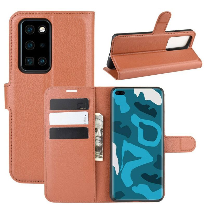 Capa Folio Para Huawei P40 Pro Couro Sintético De Lichia Clássico