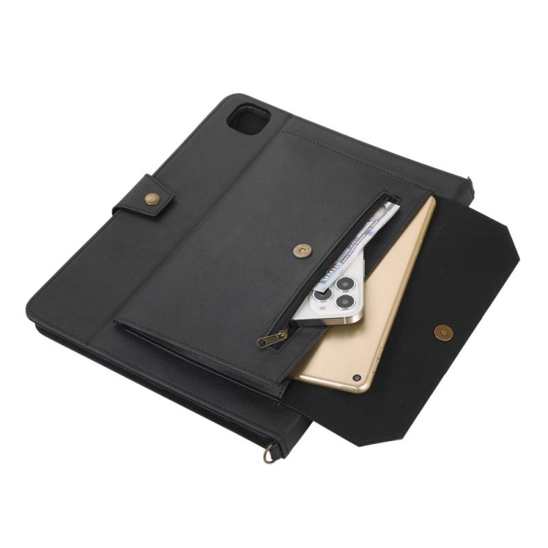 Capa Flip Para iPad Pro 12.9" (2021) Alça De Ombro Rfid Com Efeito De Couro