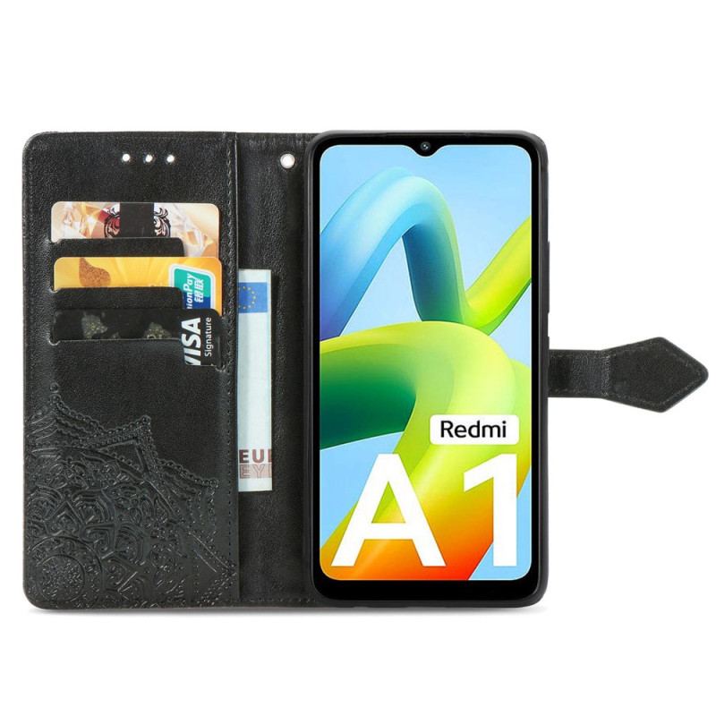 Capa De Couro Para Xiaomi Redmi A1 Mandala Sol Com Cordão