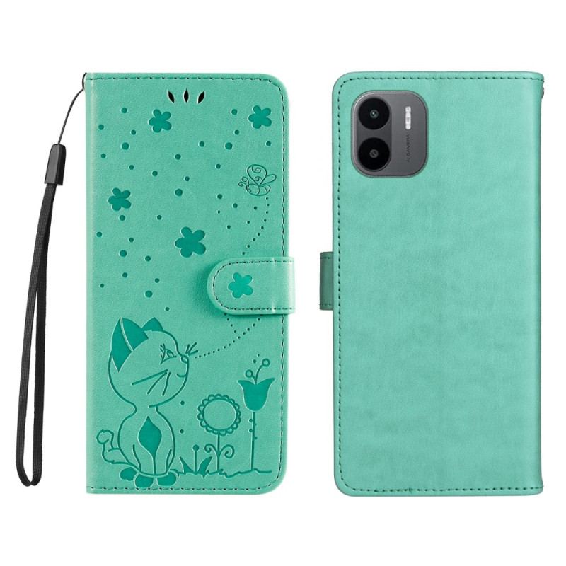 Capa Flip Para Xiaomi Redmi A1 De Cordão Gato E Abelha Com Cordão