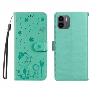 Capa Flip Para Xiaomi Redmi A1 De Cordão Gato E Abelha Com Cordão