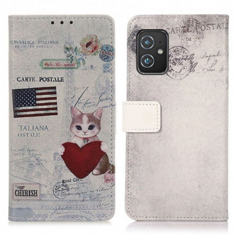 Capa De Couro Para Asus Zenfone 8 Gato Viajante