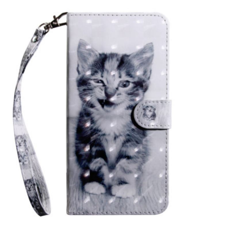 Capa De Couro Para Oppo A94 5G Gatinho Com Cordão