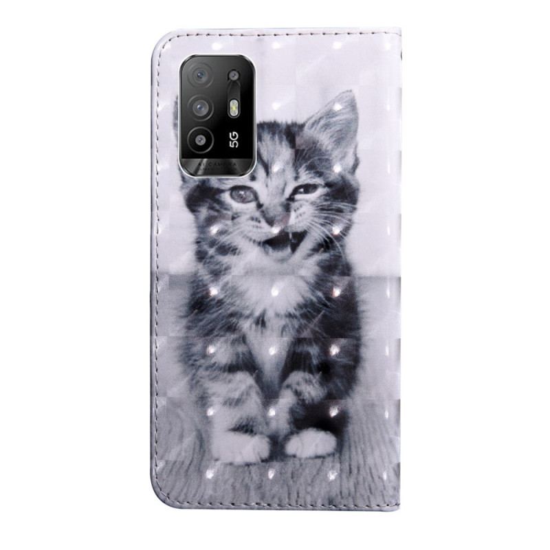 Capa De Couro Para Oppo A94 5G Gatinho Com Cordão