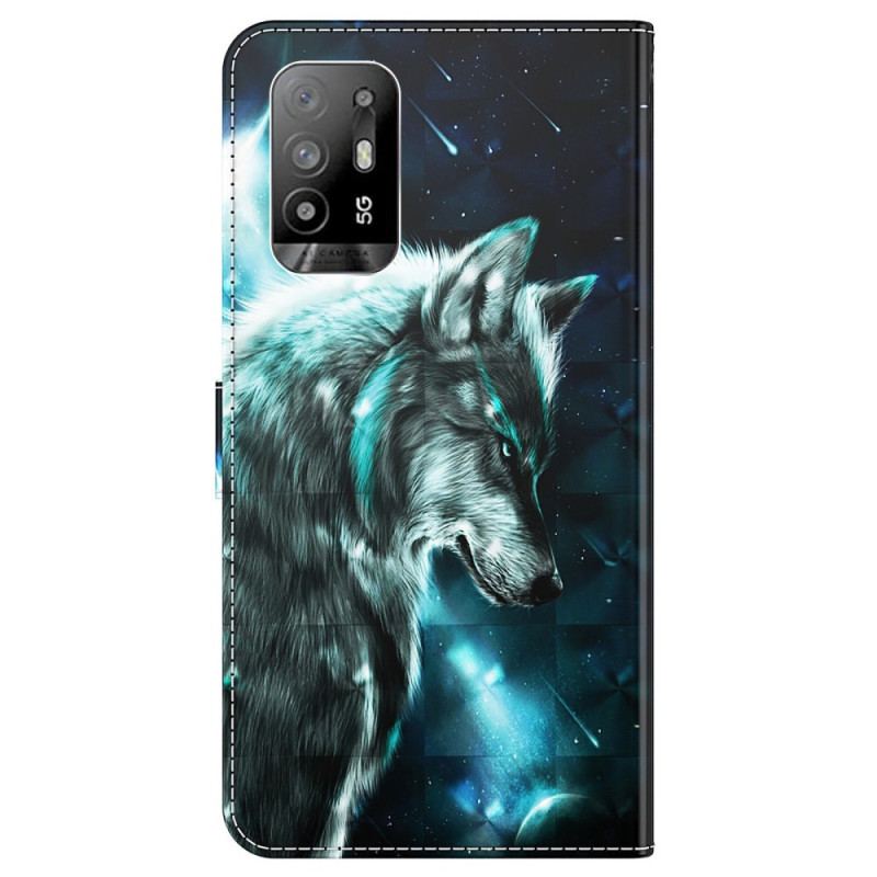 Capa De Couro Para Oppo A94 5G Lobo Com Cordão