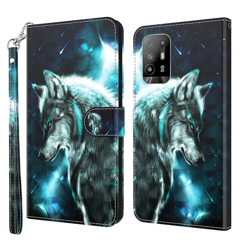 Capa De Couro Para Oppo A94 5G Lobo Com Cordão