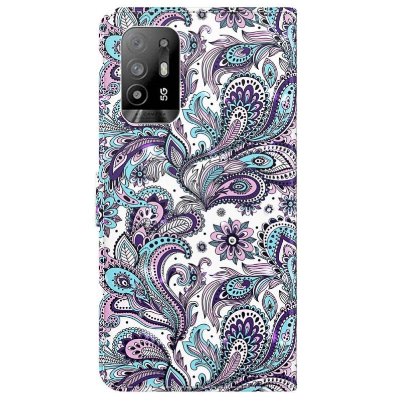 Capa De Couro Para Oppo A94 5G Padrões De Flores Com Alça