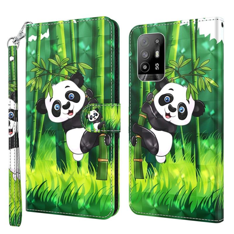 Capa De Couro Para Oppo A94 5G Panda Com Cordão