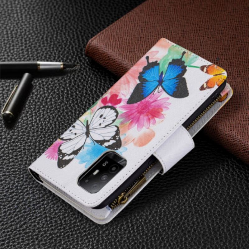 Capa Em Pele Para Oppo A94 5G Bolso Com Zíper De Borboletas