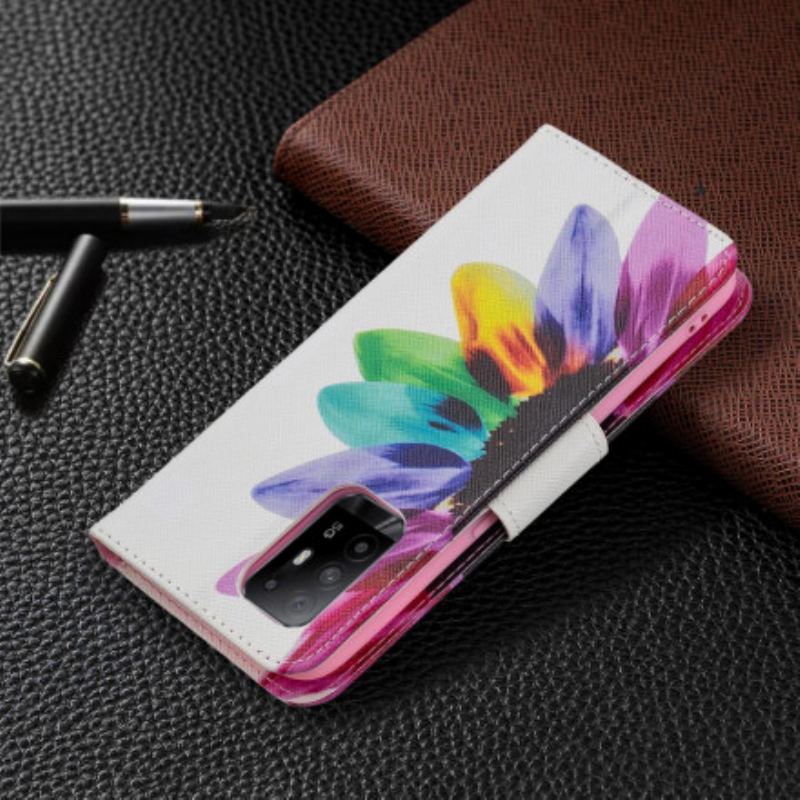 Capa Em Pele Para Oppo A94 5G Flor Aquarela