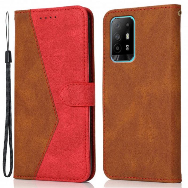 Capa Flip Para Oppo A94 5G Couro Falso Triângulo De Dois Tons