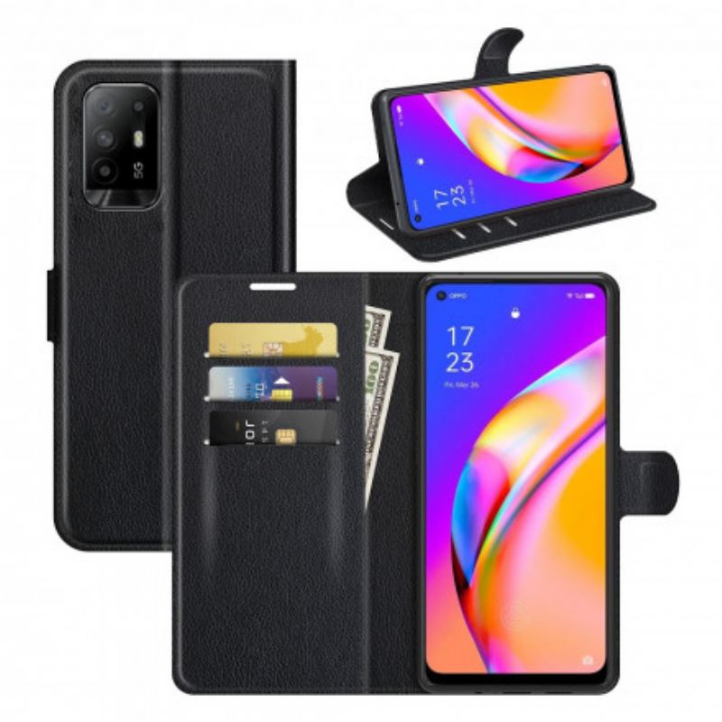 Capa Flip Para Oppo A94 5G Couro Sintético De Lichia Clássico