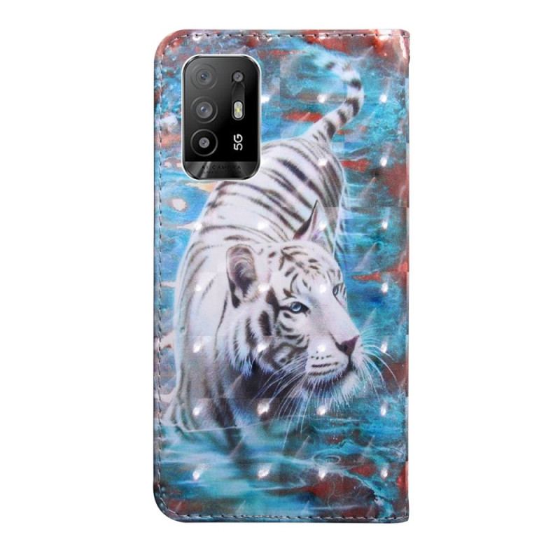 Capa Flip Para Oppo A94 5G Couro Sintético De Tigre Com Cordão