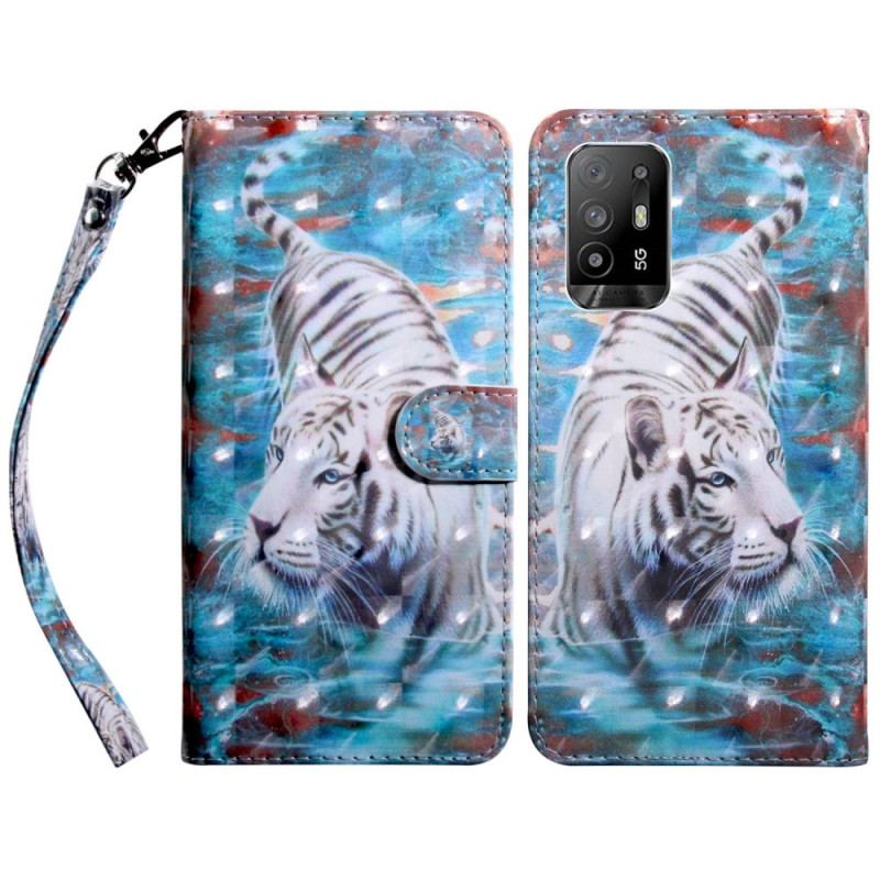 Capa Flip Para Oppo A94 5G Couro Sintético De Tigre Com Cordão