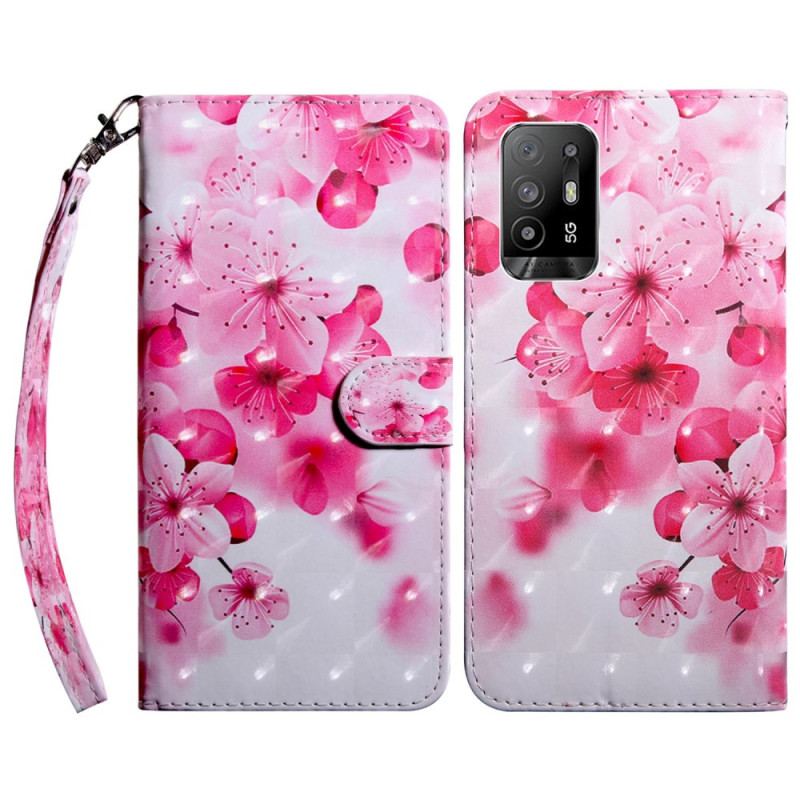 Capa Flip Para Oppo A94 5G Flores Rosas Com Cordão