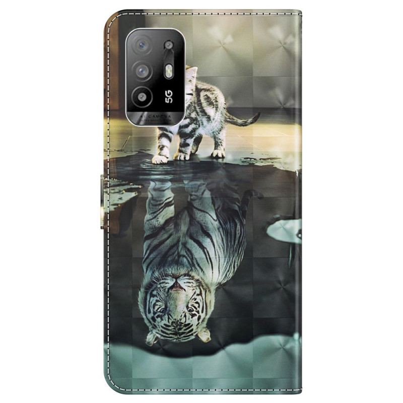 Capa Flip Para Oppo A94 5G Gato E Tigre Com Cordão