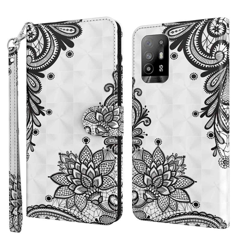 Capa Flip Para Oppo A94 5G Renda De Couro Sintético Com Alça