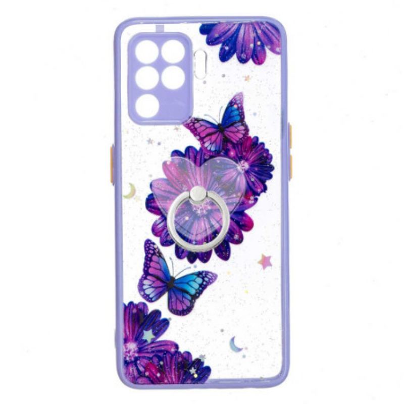 Capa Para Oppo A94 5G Borboleta Flor Roxa Com Anel