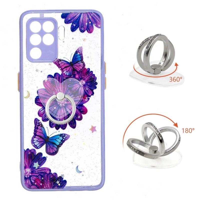 Capa Para Oppo A94 5G Borboleta Flor Roxa Com Anel