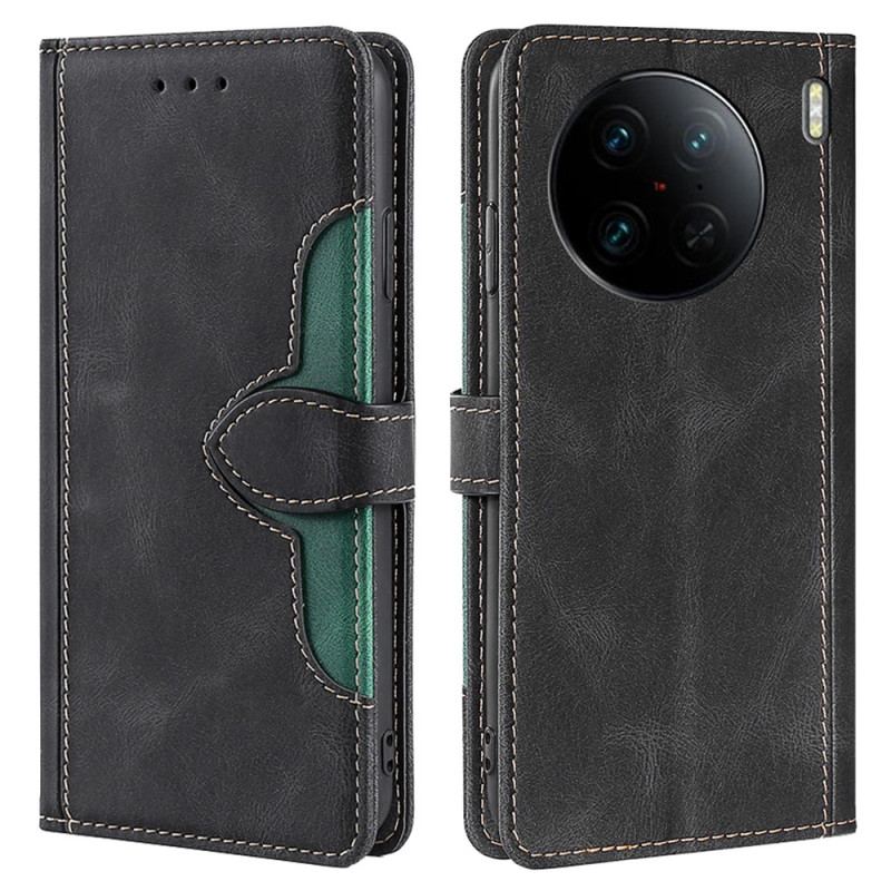 Capa Flip Para Vivo X90 Pro Couro Sintético Bicolor Estiloso