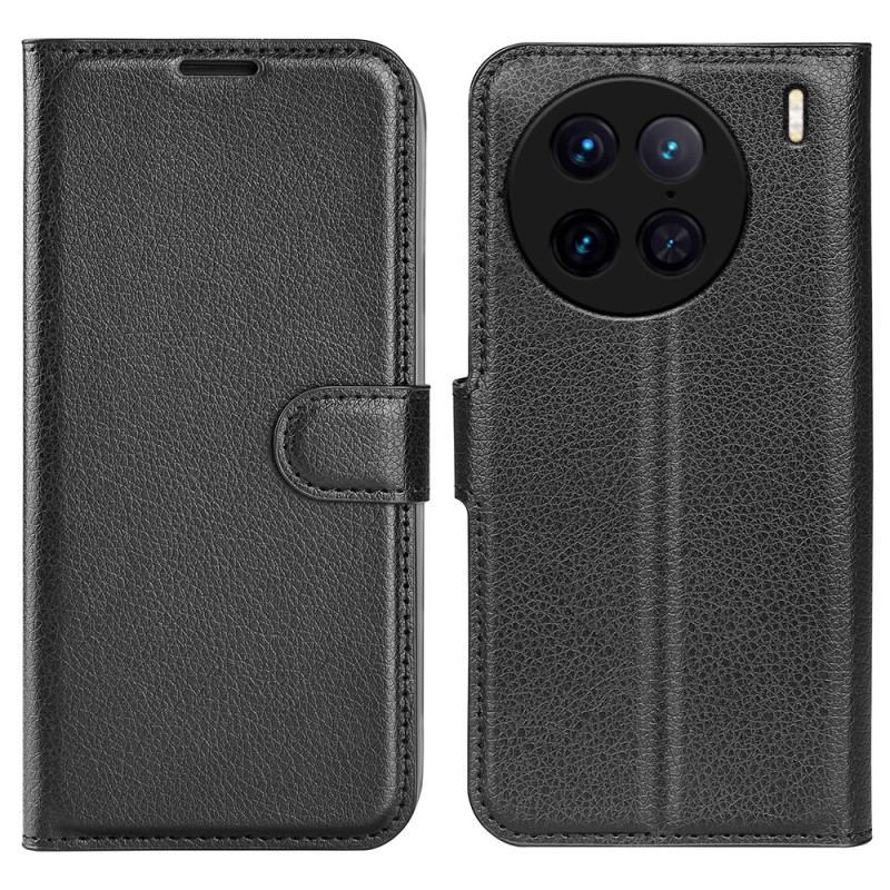 Capa Flip Para Vivo X90 Pro Couro Sintético De Lichia Clássico