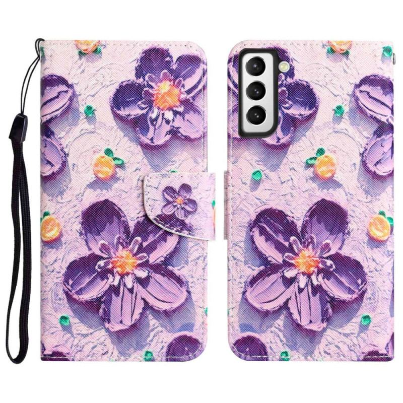 Capa De Couro Para Samsung Galaxy S23 Plus 5G De Cordão Apenas Flores De Alça