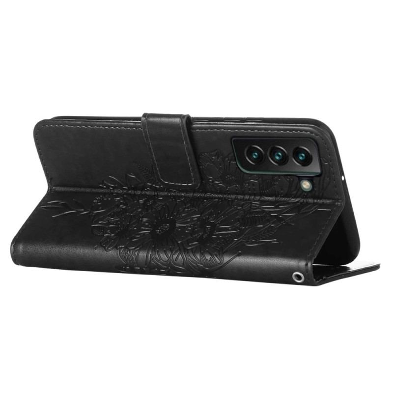 Capa De Couro Para Samsung Galaxy S23 Plus 5G De Cordão Borboleta De Tiras Barroca