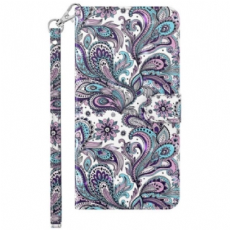 Capa De Couro Para Samsung Galaxy S23 Plus 5G De Cordão Padrão Strappy Paisley