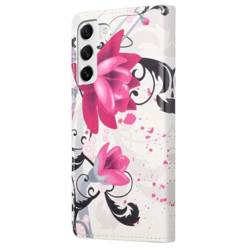 Capa De Couro Para Samsung Galaxy S23 Plus 5G Flores Tropicais