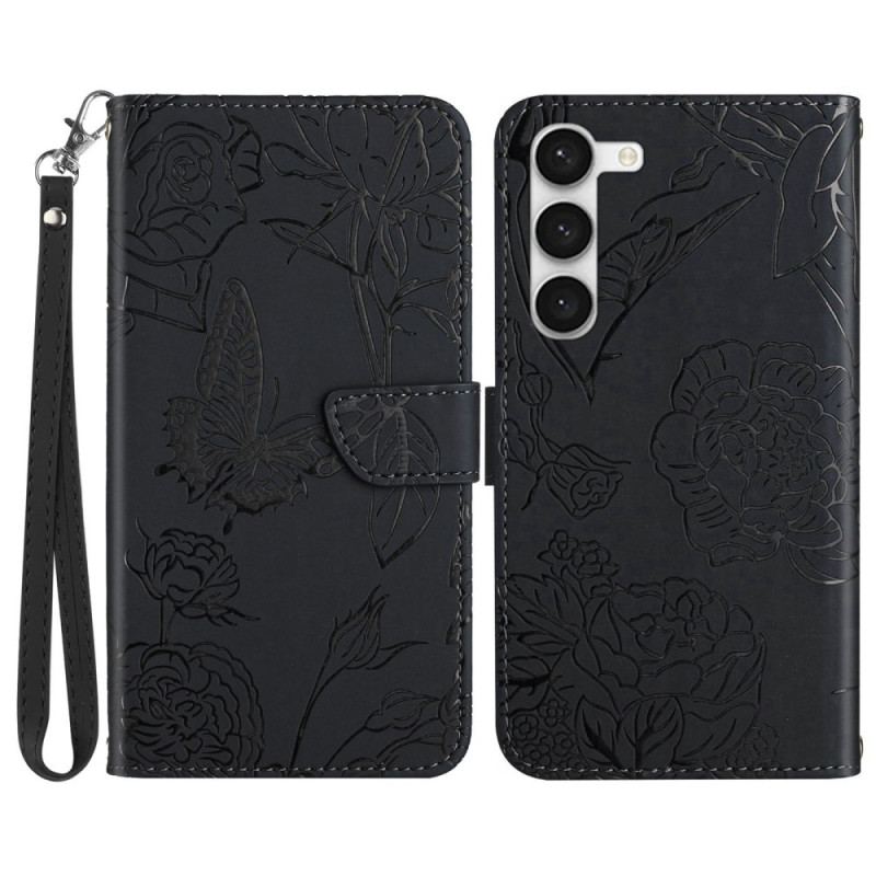 Capa Flip Para Samsung Galaxy S23 Plus 5G Borboleta Com Cordão