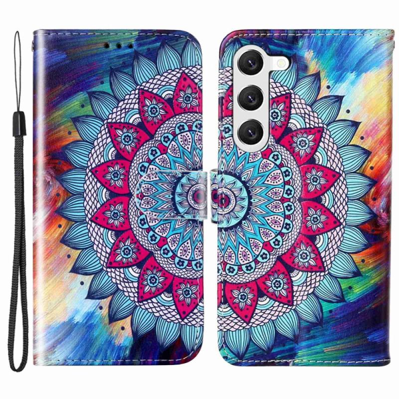 Capa Flip Para Samsung Galaxy S23 Plus 5G De Cordão Mandala De Tiras Coloridas