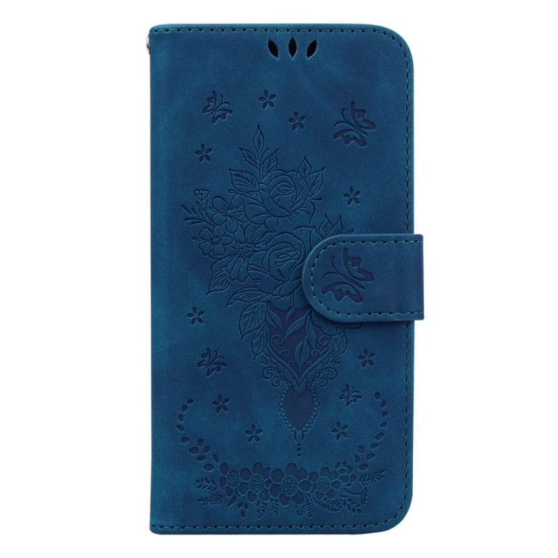 Capa Flip Para Samsung Galaxy S23 Plus 5G De Cordão Strappy Rosas E Borboletas