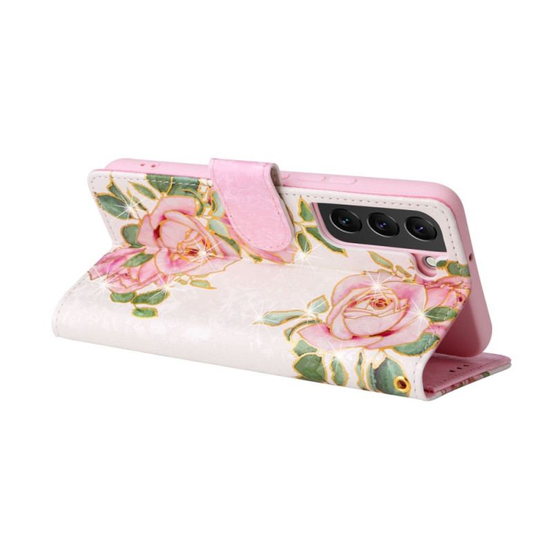 Capa Flip Para Samsung Galaxy S23 Plus 5G Flores Rfid Com Cordão