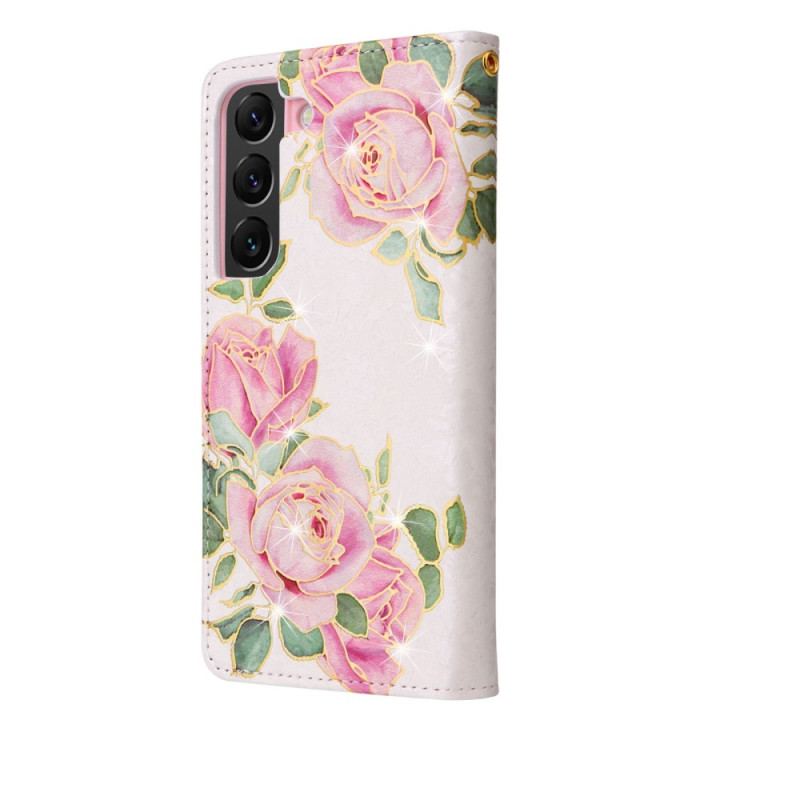 Capa Flip Para Samsung Galaxy S23 Plus 5G Flores Rfid Com Cordão